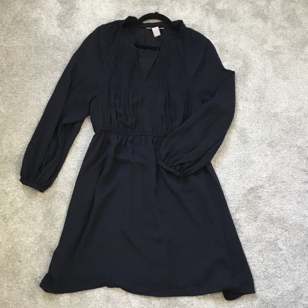 H&M Navy Long Sleeve Pleated Waist Dress